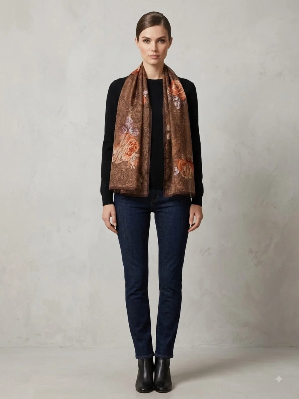 Lauren Ralph Lauren 100% Silk Scarf Brown Floral Paisley Print Vintage Style